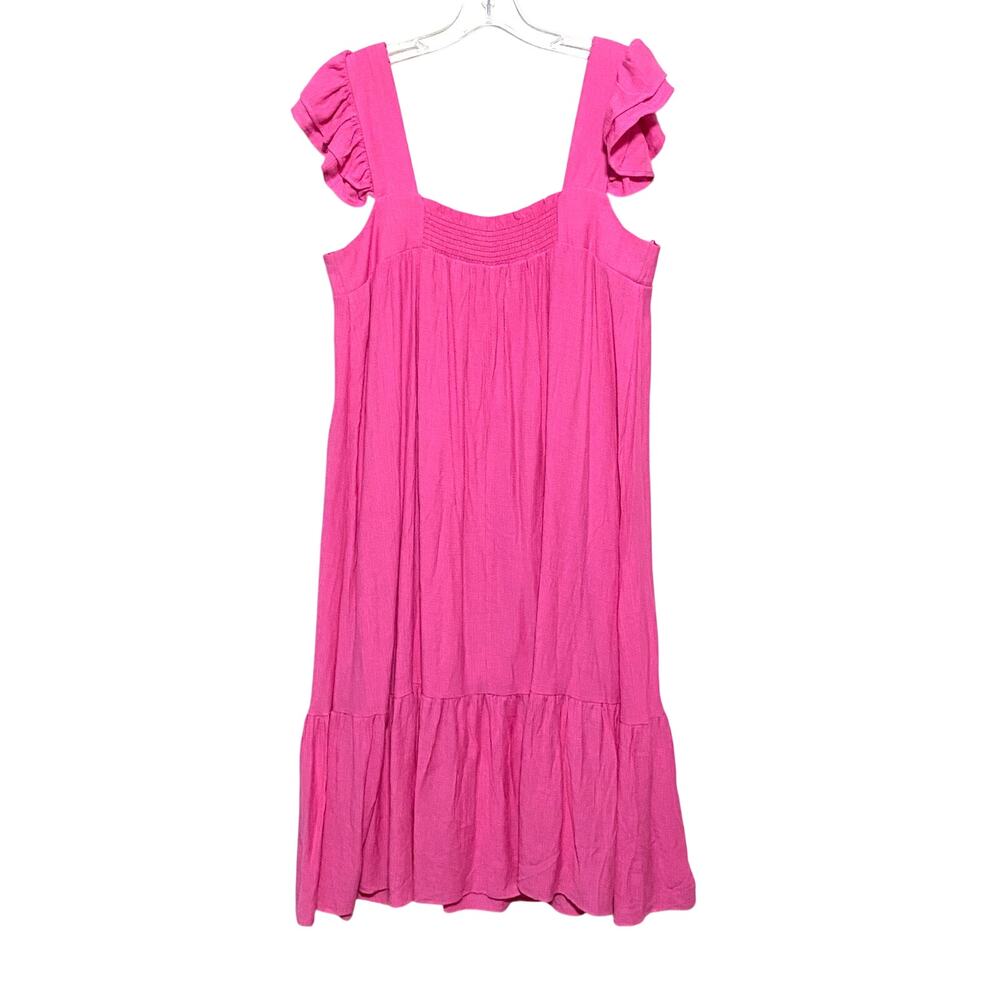 August Sky Hot Pink Crinkle Dress M Flutter Sleeve Spring Resort Beachy Vacation - Picture 2 of 9